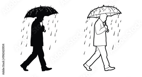 Two men walking in the rain depicted as a striking silhouette