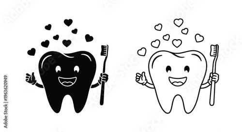 Smiling tooth characters with hearts and toothbrushes a black silhouette