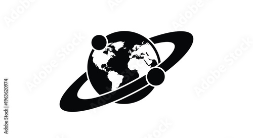 Planet earth with rings and orbiting moons a dark silhouette