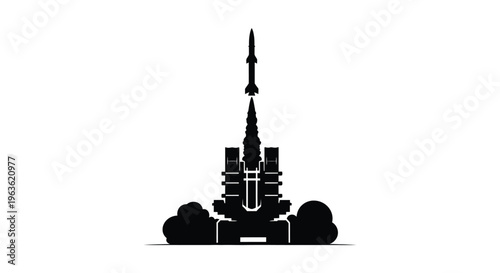 Rocket launching from a complex depicted as a striking silhouette