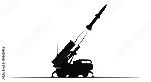 Military missile launcher firing depicted in striking black silhouette