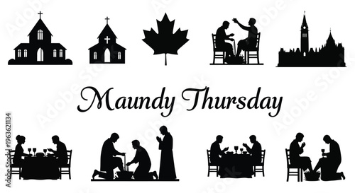 Black silhouettes depict churches maple leaf last supper and praying figures with text