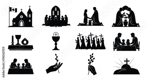 Religious icons depicting baptism communion and other christian ceremonies in black