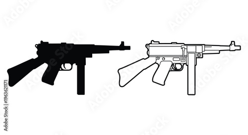 Принти на полотні Detailed illustration of a thompson submachine gun black silhouette