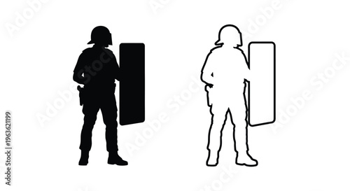 Two police officers with shields depicted in contrasting styles silhouette