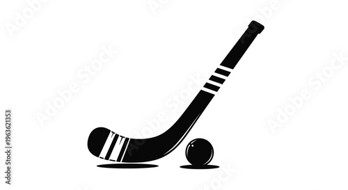 A black silhouette of a hockey stick and puck on white background