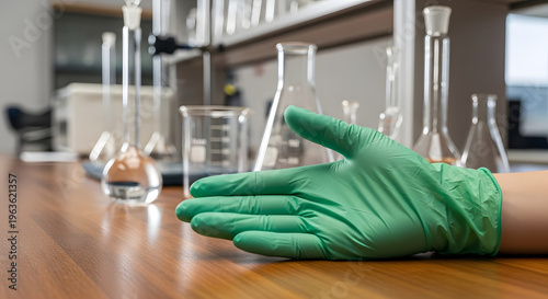 A gloved hand near laboratory glassware on a wooden table