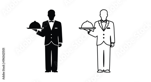 Two formally dressed waiters presenting dishes a striking silhouette