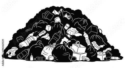 A large pile of discarded trash and waste black silhouette