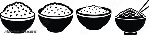 set of four rice bowl stages with chopsticks flat design vector illustration