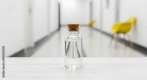 A small glass bottle on a table in a blurred hallway