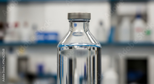 A clear plastic water bottle on a laboratory counter