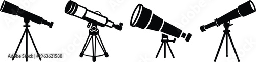set of four astronomy telescopes on tripods flat design vector illustration