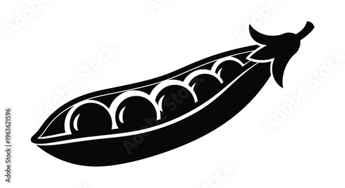 A black silhouette of an open pea pod with round peas inside silhouette