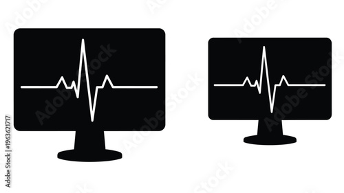 Two medical monitors displaying heart rate waveforms black silhouette