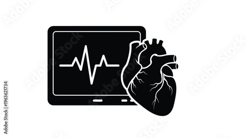 Digital health monitor displaying heart rhythm as a dark silhouette