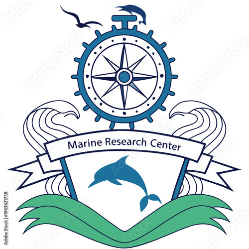 Marine research center logo with compass rose, dolphin, waves and seabirds