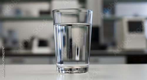 A glass of clear water on a laboratory countertop