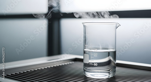 A beaker of hot water on a metal grate