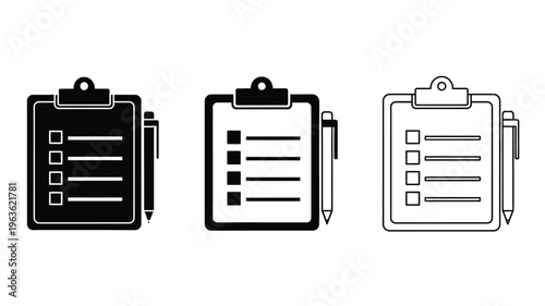 Three clipboard icons with pen varying styles black and white silhouette