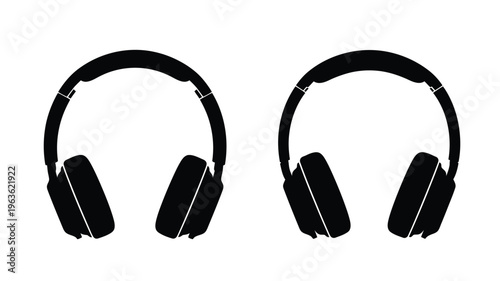 Two pairs of wireless headphones depicted in a stark black silhouette