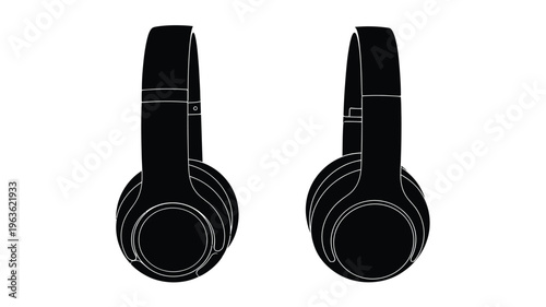 Two pairs of over ear headphones presented in a stark silhouette