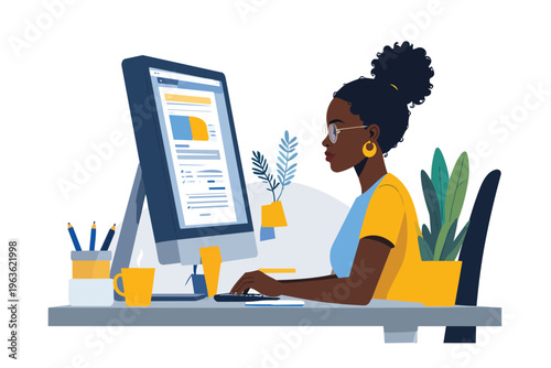 African American businesswoman working on computer with data charts vector illustration