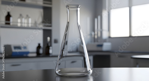 A laboratory glass bottle on a stainless steel countertop