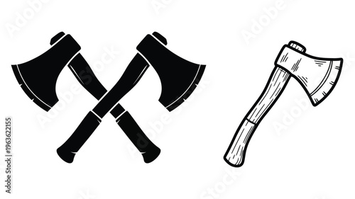 Two crossed axes and a single axe black and white silhouette