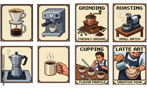 A person skillfully prepares various coffee drinks using different brewing methods in a cozy morning setting with cups and machines.