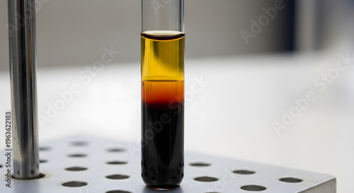 A test tube with layered liquids on a laboratory stand