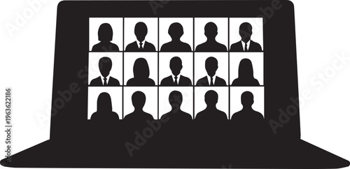Video conference icon on laptop screen, virtual meeting with group of people silhouettes, online webinar and remote work digital vector