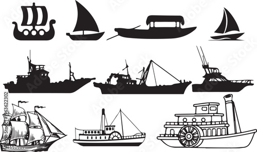 Boat Icons Set Black and White Silhouette Ships Sailboats Fishing Vessels Vector Collection