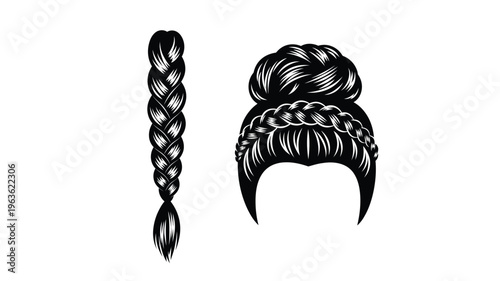Intricate hairstyles including a braid and bun in black silhouette