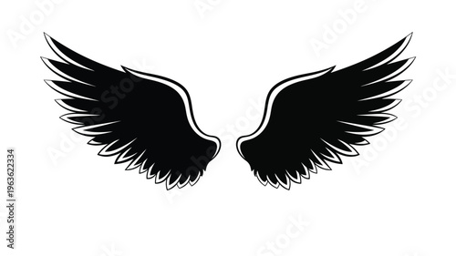 Dramatic black wings spread upwards a striking graphic silhouette