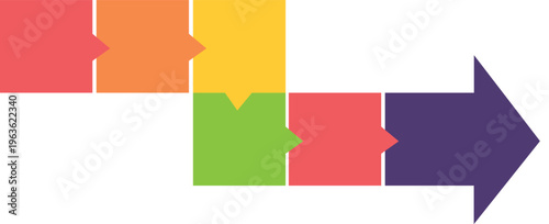 colorful interlocking puzzle pieces with arrow showing teamwork process flow and step-by-step strategy concept in flat design isolated background.