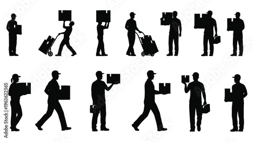 Delivery workers carrying boxes and packages a striking black silhouette