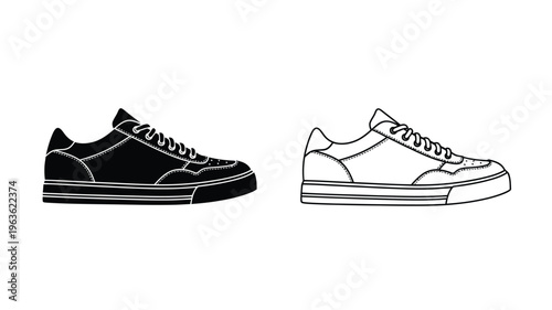 Two stylish sneakers depicted in contrasting black and white silhouette