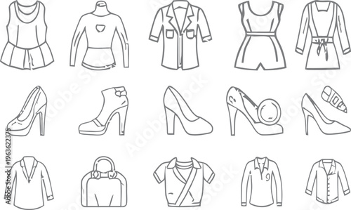 Fashion illustration of various clothing and footwear items