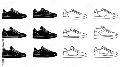 Variations of sneakers shown in outline and filled black silhouette