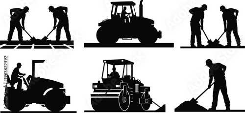 Collection of Road Roller Compactor Silhouettes and Laborers Using Shovels for Asphalt Paving Civil Engineering Site Maintenance Infrastructure Development and Highway Construction Site