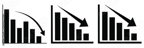 Three black bar graphs with downward trend arrows on white background