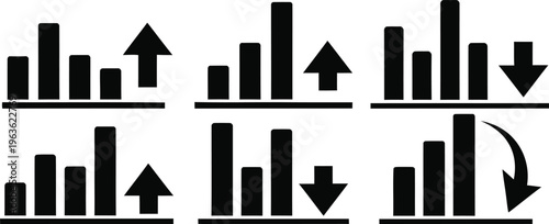 A collection of bar graphs with arrows indicating trends and changes