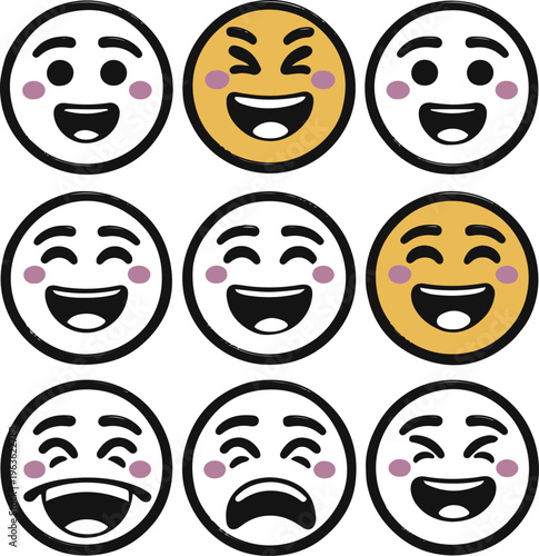 funny emoji sticker icon set, 9 expressive faces laughing crying angry love, outline and filled mix, clean vector.eps