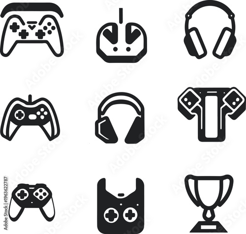gaming sticker icon set, 9 icons controller headset joystick trophy, bold outline mix, clean vector 1.eps