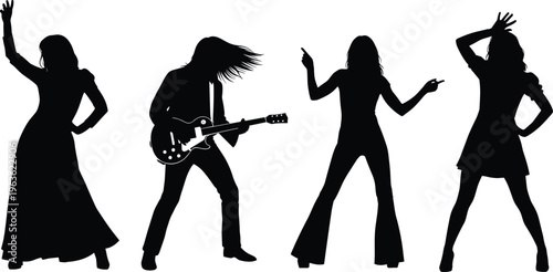 Silhouettes of four people dancing and playing guitar at party isolated on transparent background.