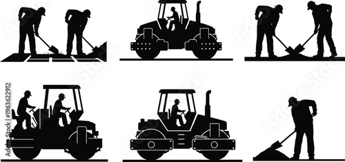 Comprehensive Silhouette Collection of Road Roller Compactor Vehicles and Laborers with Shovels for Civil Engineering Paving Maintenance Infrastructure Development and Highway Construction Site