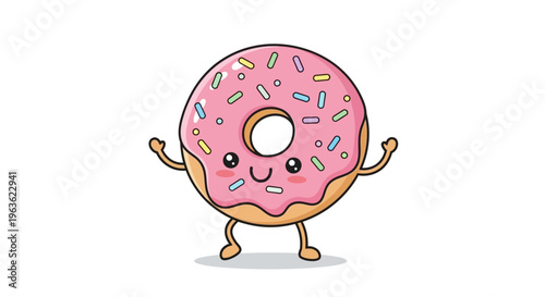 Colorful cartoon donut with sprinkles smiling.