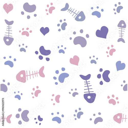 Seamless cat paw fishbone heart pattern Vector Image
