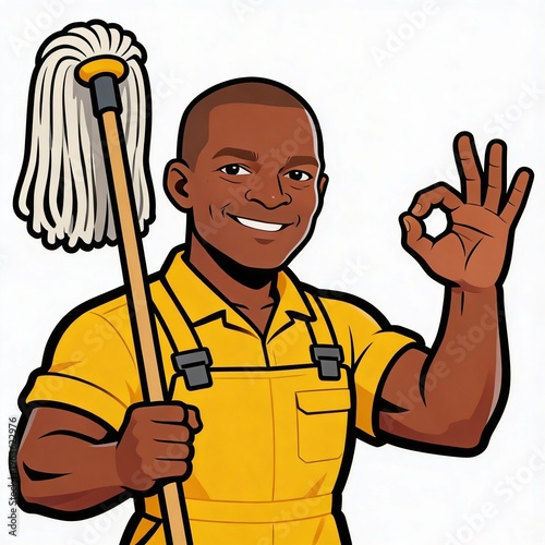 Cleanliness Assured: A cheerful cleaning professional, wielding a mop with confidence, flashes a confident OK sign, embodying dedication to exceptional cleanliness and service.